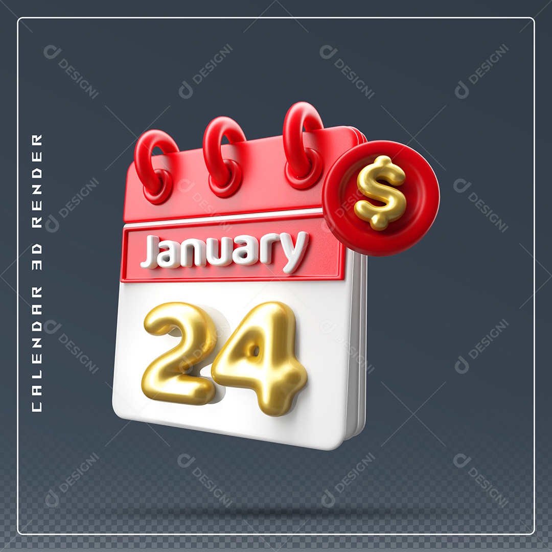 Calendário Do mês Janeiro Dia 24 Elemento 3D Vermelho Dourado E Branco Para Composição PSD