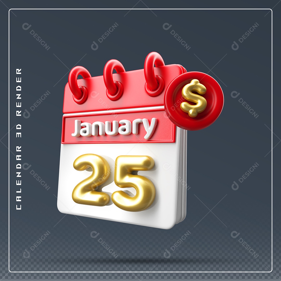 Calendário Do mês Janeiro Dia 25 Elemento 3D Vermelho Dourado E Branco Para Composição PSD