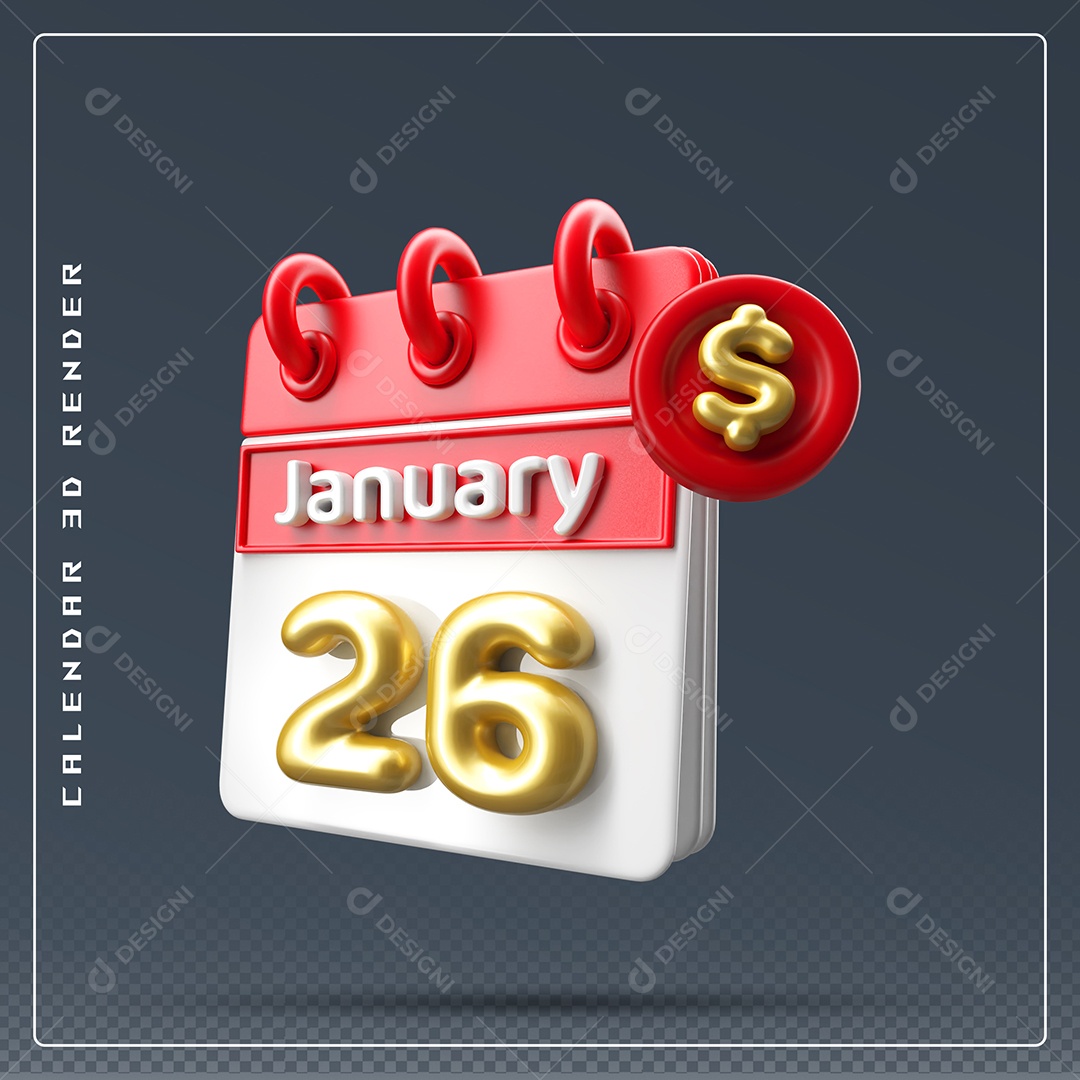 Calendário Do mês Janeiro Dia 26 Elemento 3D Vermelho Dourado E Branco Para Composição PSD