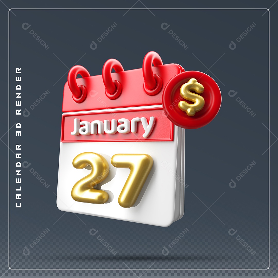 Calendário Do mês Janeiro Dia 27 Elemento 3D Vermelho Dourado E Branco Para Composição PSD