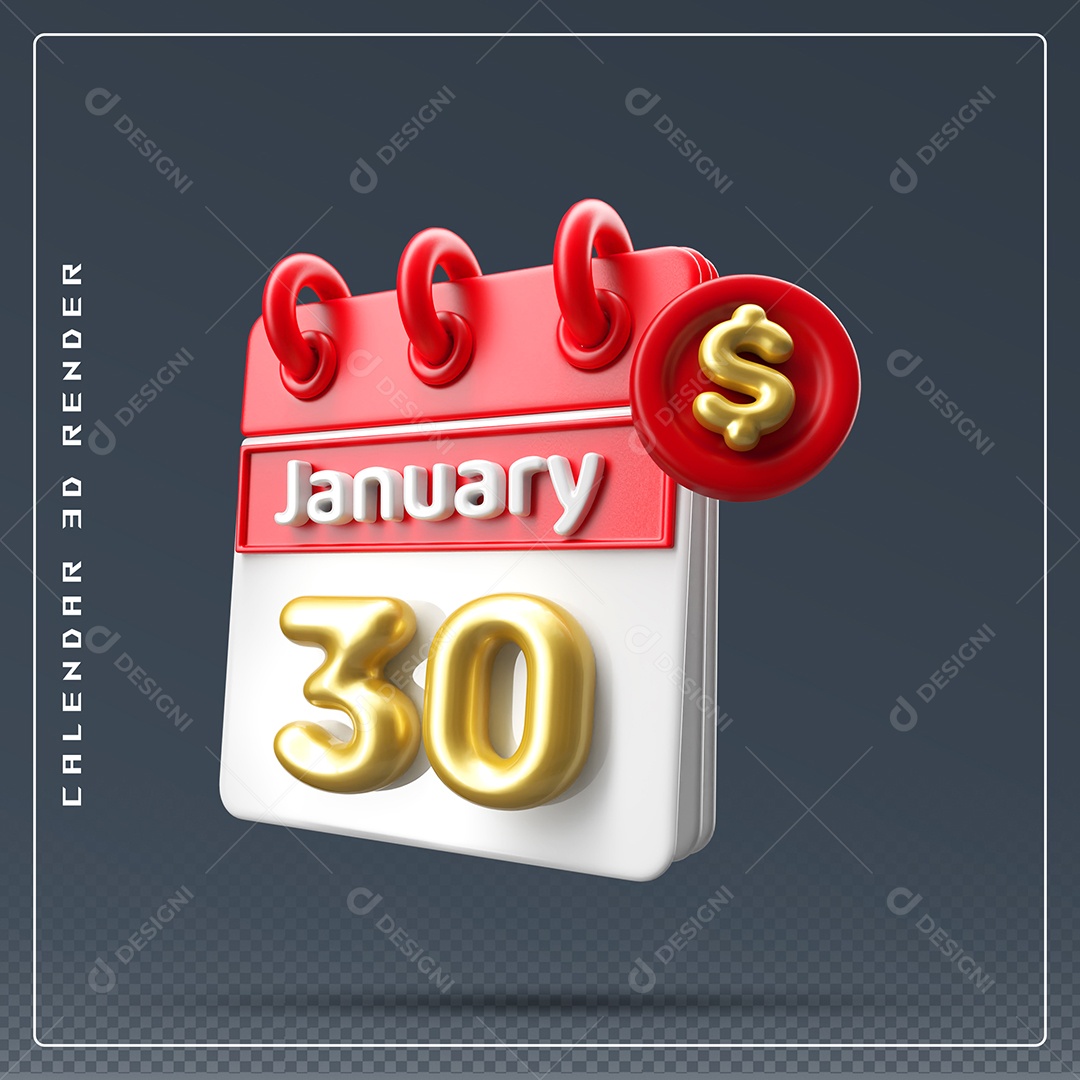 Calendário Do mês Janeiro Dia 30 Elemento 3D Vermelho Dourado E Branco Para Composição PSD