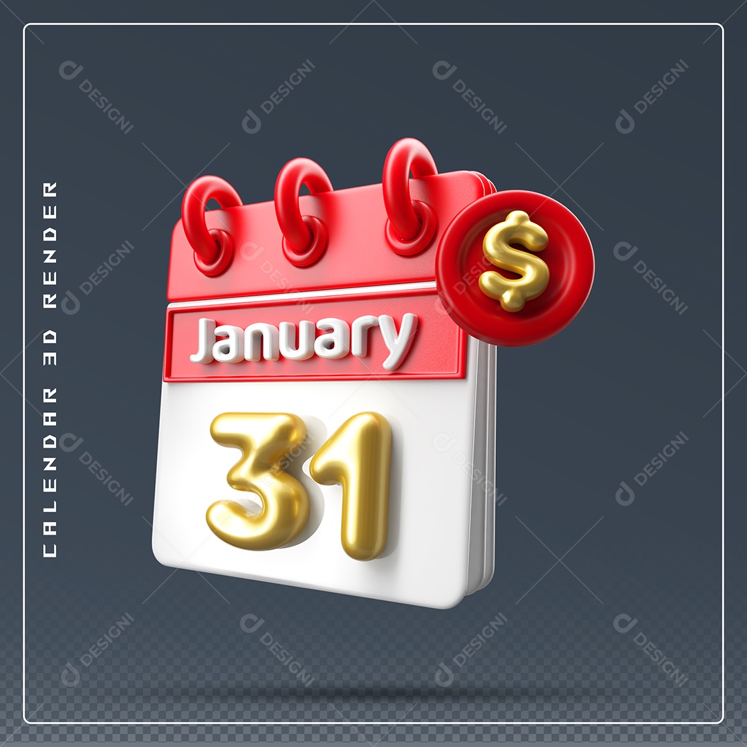 Calendário Do mês Janeiro Dia 31 Elemento 3D Vermelho Dourado E Branco Para Composição PSD