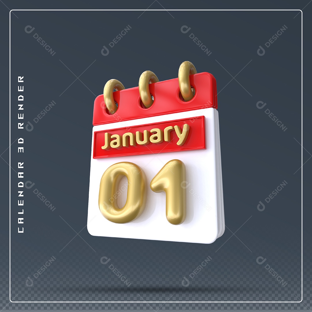 Calendário Do mês Janeiro Dia 01 Elemento 3D Vermelho Dourado E Branco Para Composição PSD