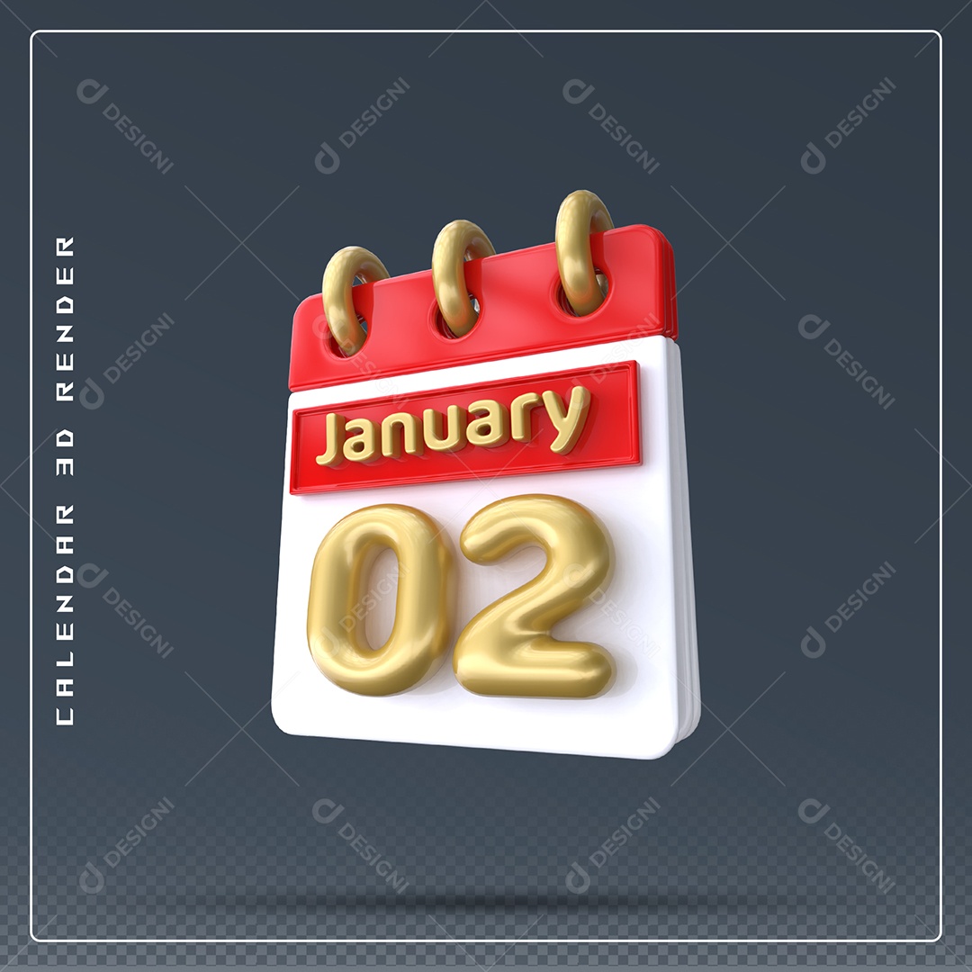 Calendário Do mês Janeiro Dia 02 Elemento 3D Vermelho Dourado E Branco Para Composição PSD