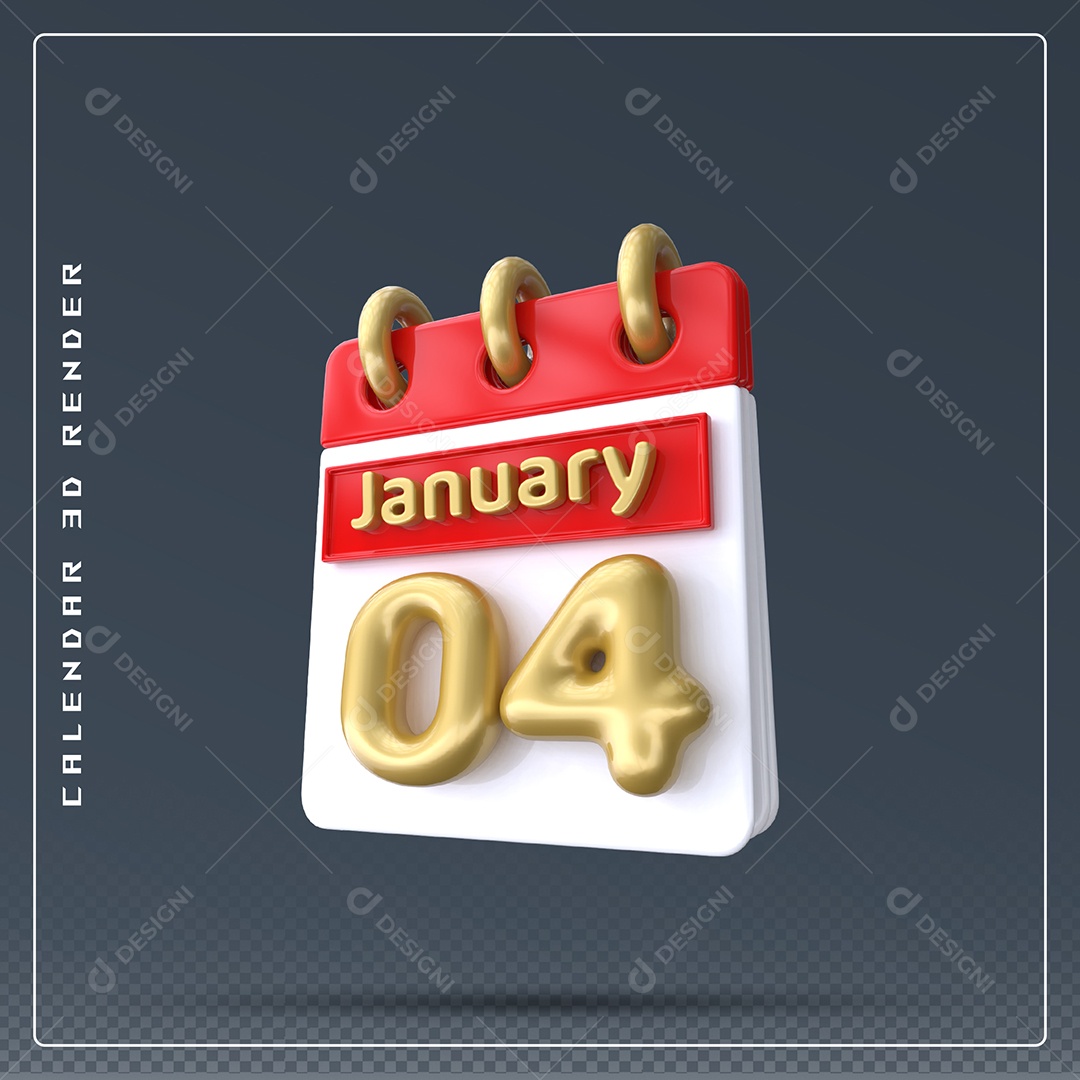 Calendário Do mês Janeiro Dia 04 Elemento 3D Vermelho Dourado E Branco Para Composição PSD