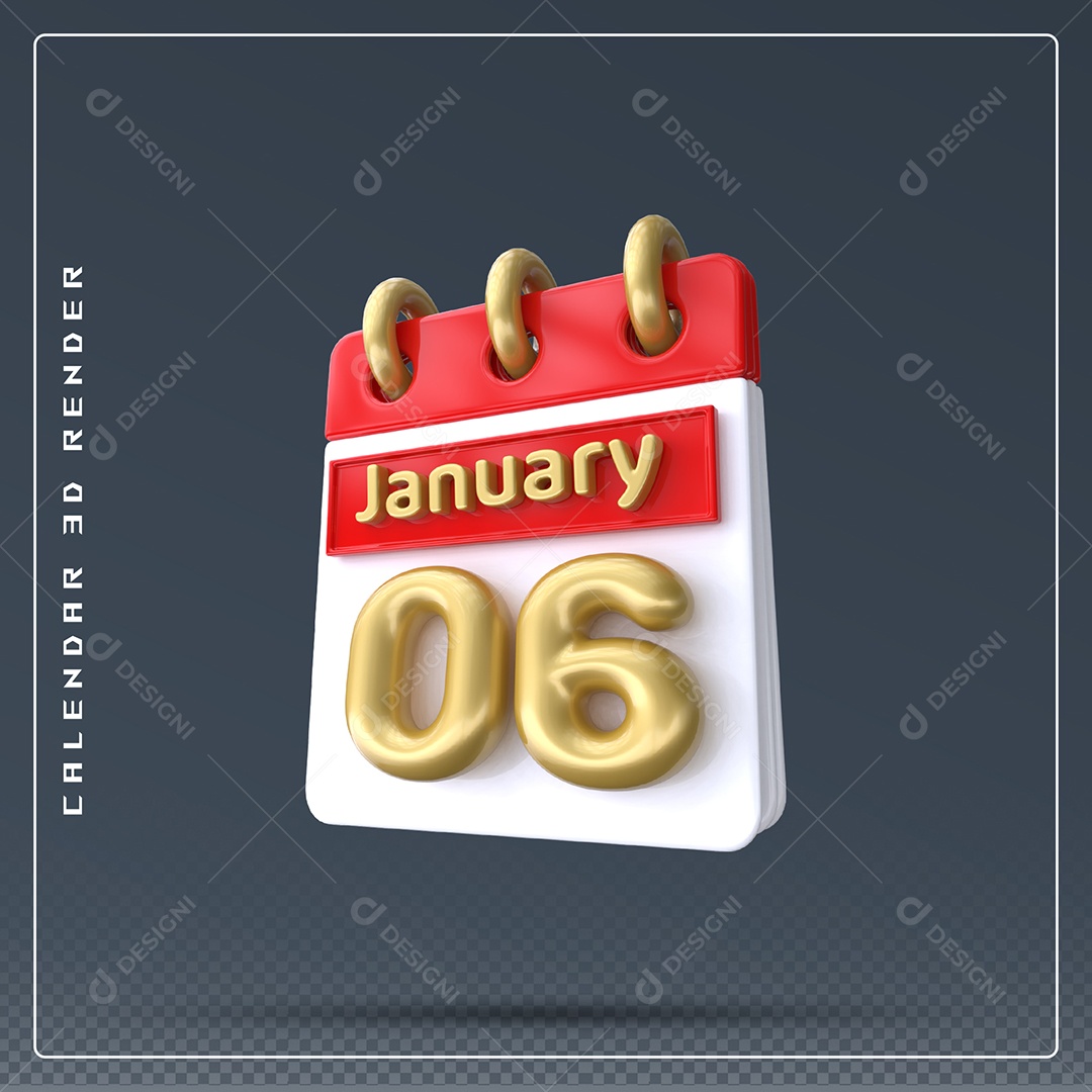 Calendário Do mês Janeiro Dia 06 Elemento 3D Vermelho Dourado E Branco Para Composição PSD