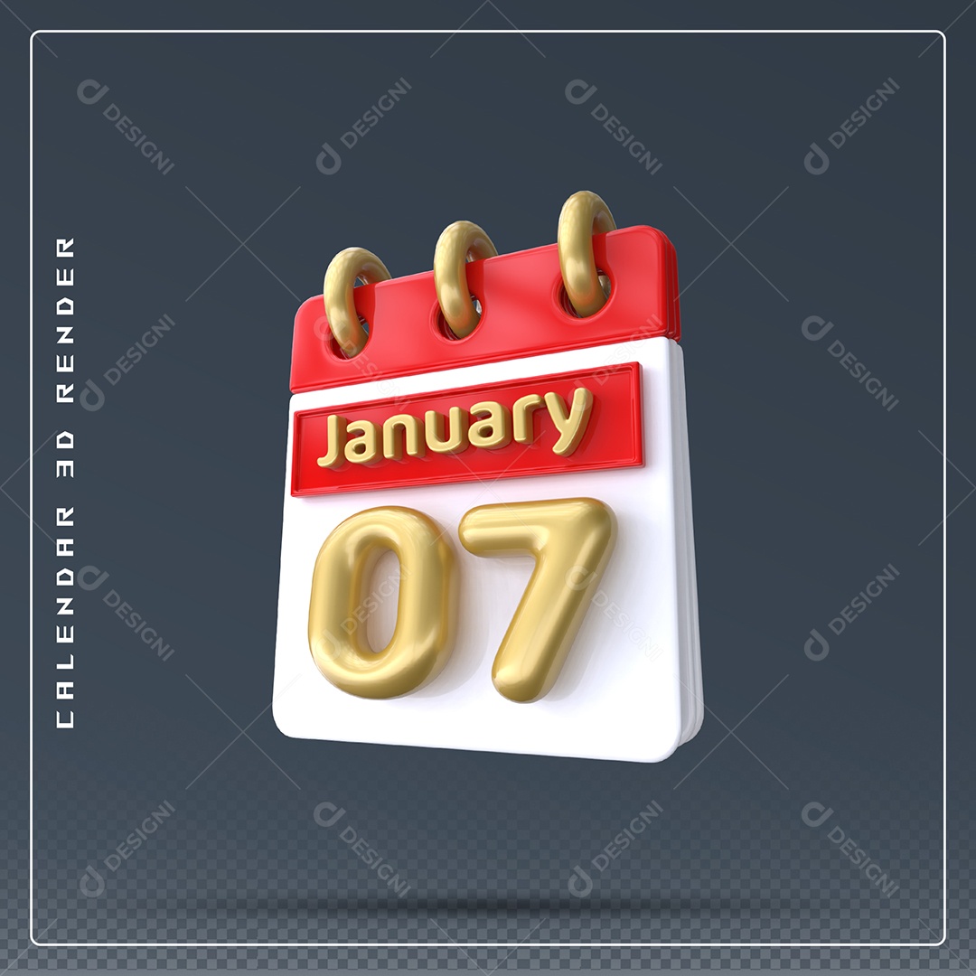 Calendário Do mês Janeiro Dia 07 Elemento 3D Vermelho Dourado E Branco Para Composição PSD