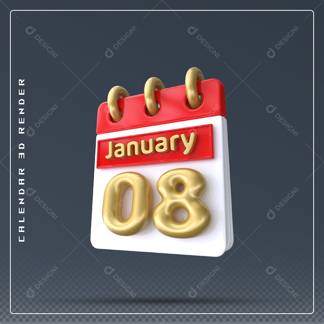 Calendário Do mês Janeiro Dia 08 Elemento 3D Vermelho Dourado E Branco Para Composição PSD