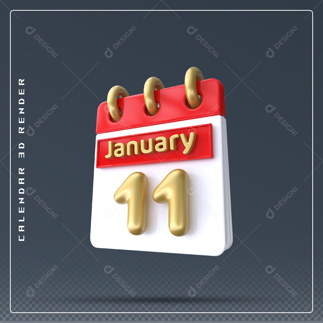 Calendário Do mês Janeiro Dia 11 Elemento 3D Vermelho Dourado E Branco Para Composição PSD