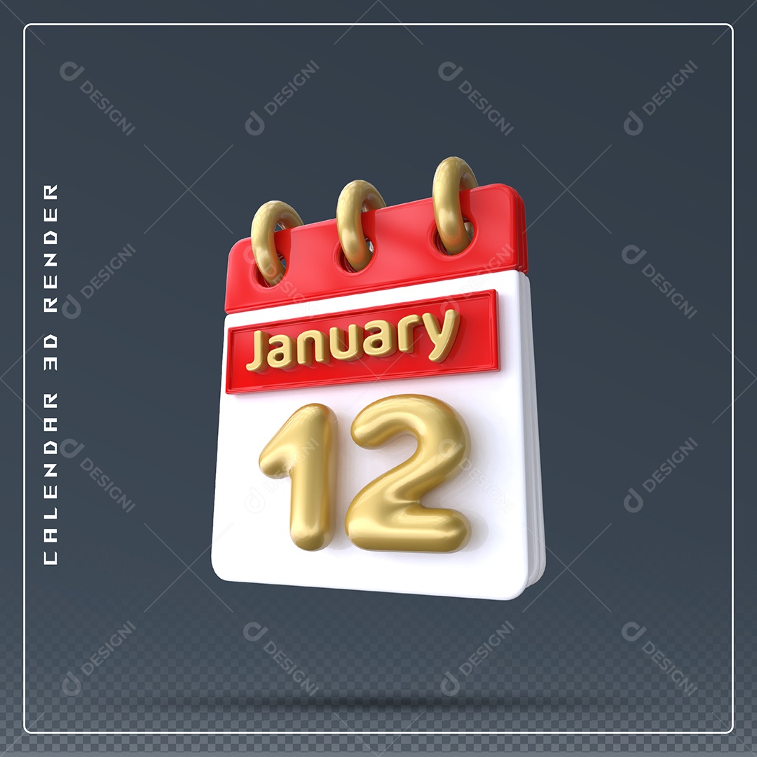 Calendário Do mês Janeiro Dia 12 Elemento 3D Vermelho Dourado E Branco Para Composição PSD