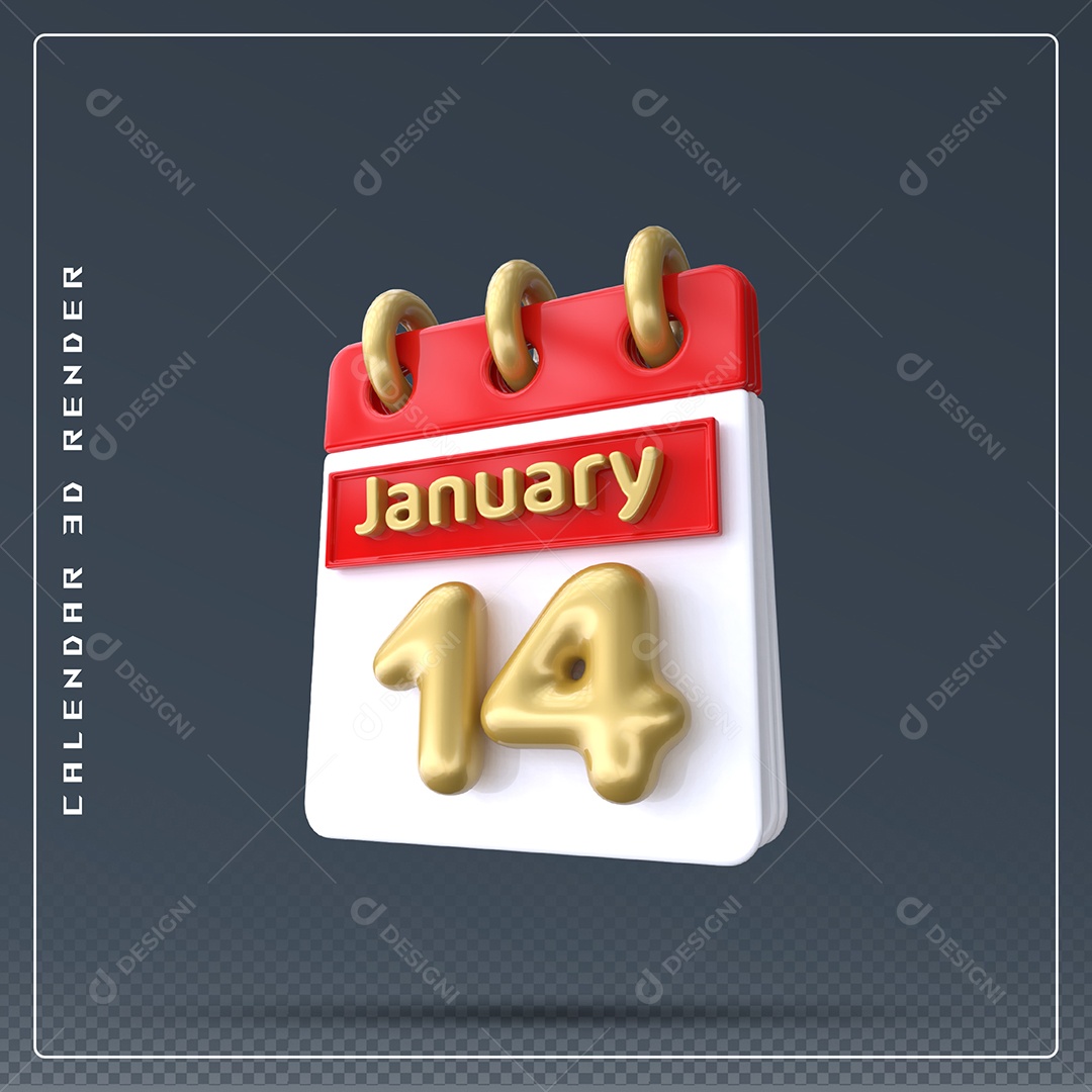 Calendário Do mês Janeiro Dia 14 Elemento 3D Vermelho Dourado E Branco Para Composição PSD