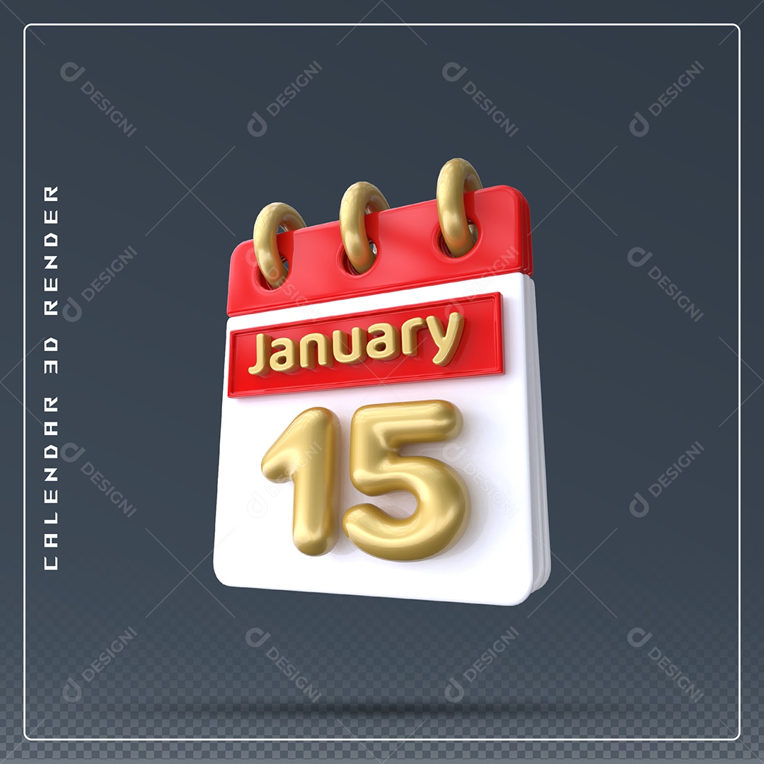 Calendário Do mês Janeiro Dia 15 Elemento 3D Vermelho Dourado E Branco Para Composição PSD