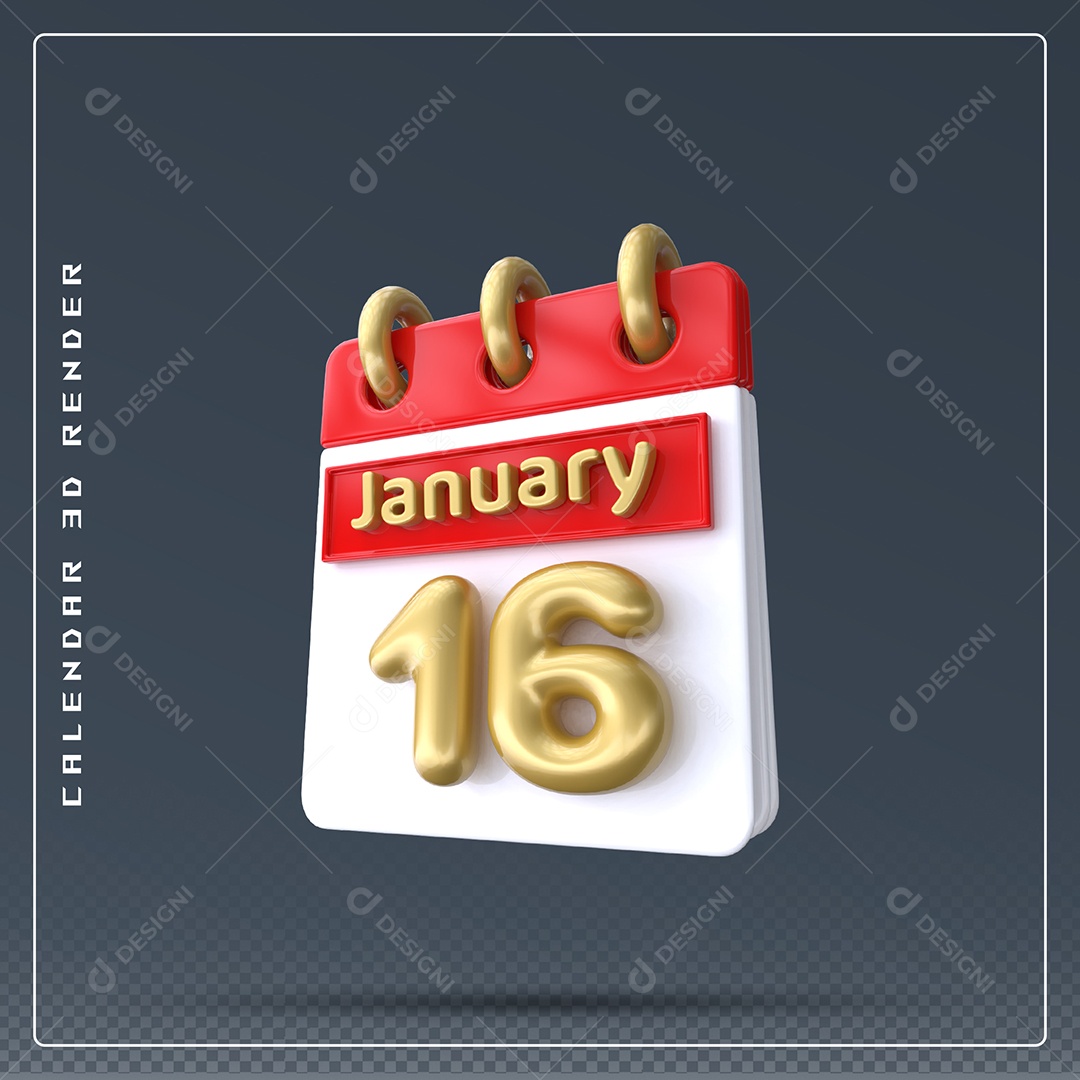 Calendário Do mês Janeiro Dia 16 Elemento 3D Vermelho Dourado E Branco Para Composição PSD