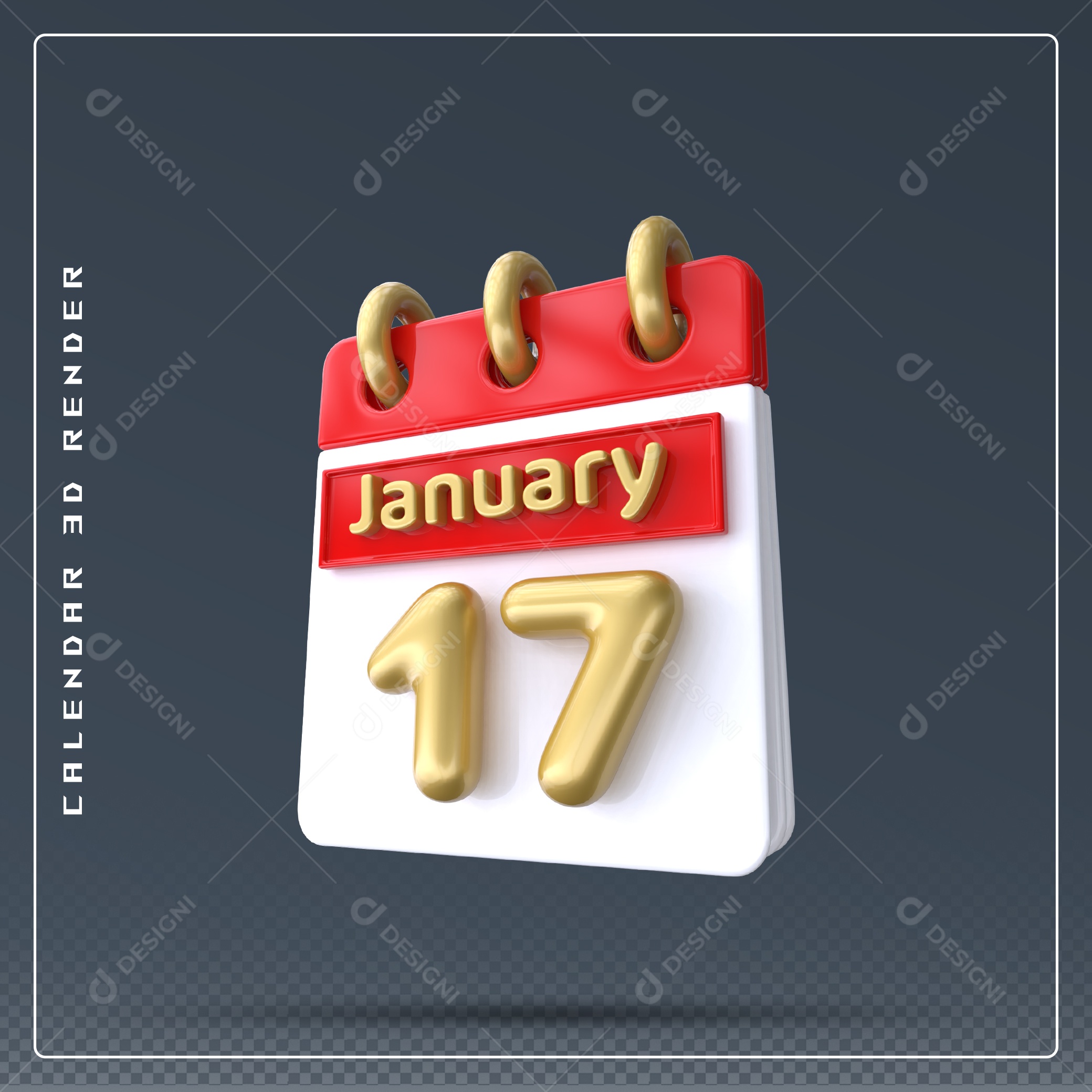 Calendário Do mês Janeiro Dia 17 Elemento 3D Vermelho Dourado E Branco Para Composição PSD
