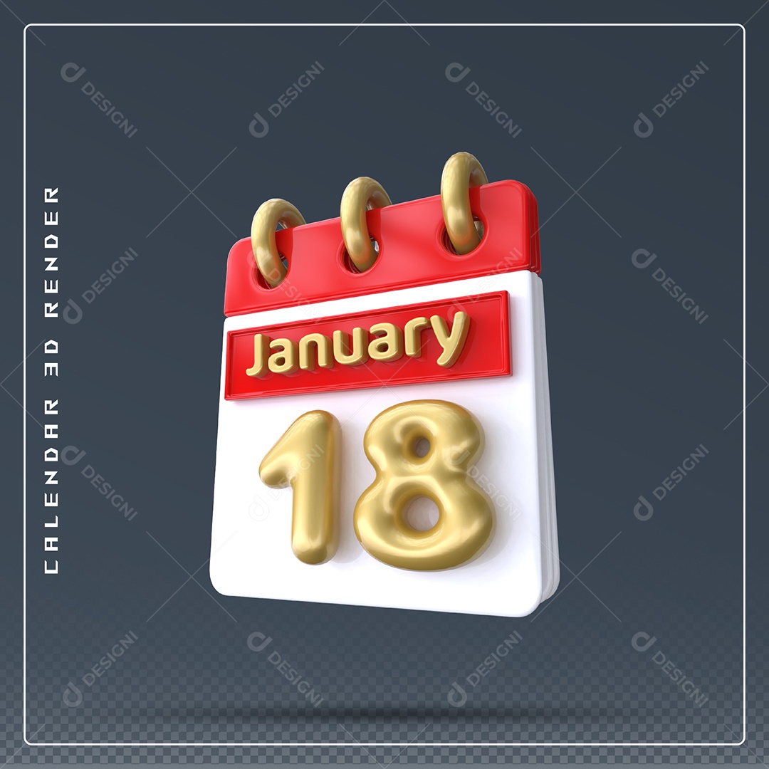 Calendário Do mês Janeiro Dia 18 Elemento 3D Vermelho Dourado E Branco Para Composição PSD