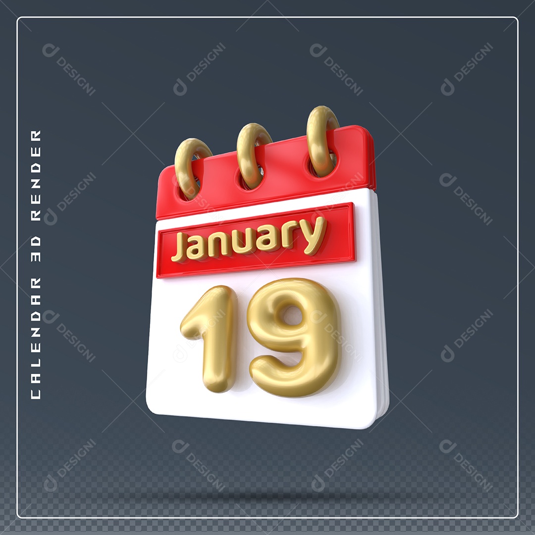 Calendário Do mês Janeiro Dia 19 Elemento 3D Vermelho Dourado E Branco Para Composição PSD