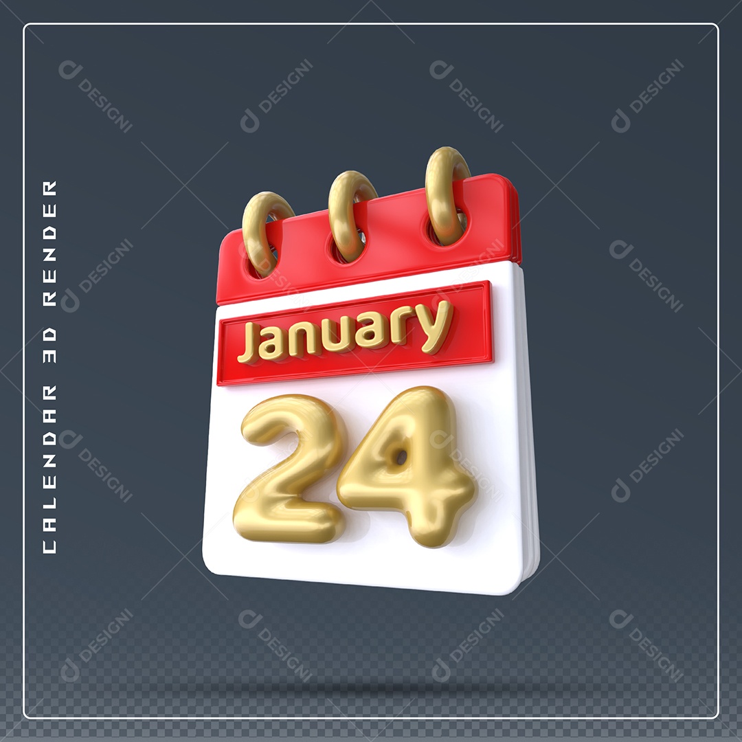 Calendário Do mês Janeiro Dia 24 Elemento 3D Vermelho Dourado E Branco Para Composição PSD
