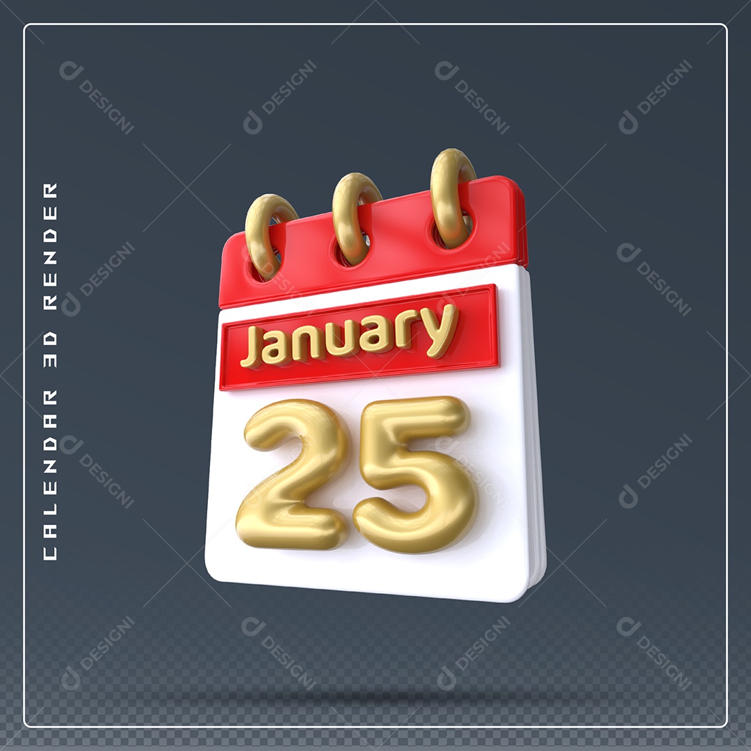 Calendário Do mês Janeiro Dia 25 Elemento 3D Vermelho Dourado E Branco Para Composição PSD
