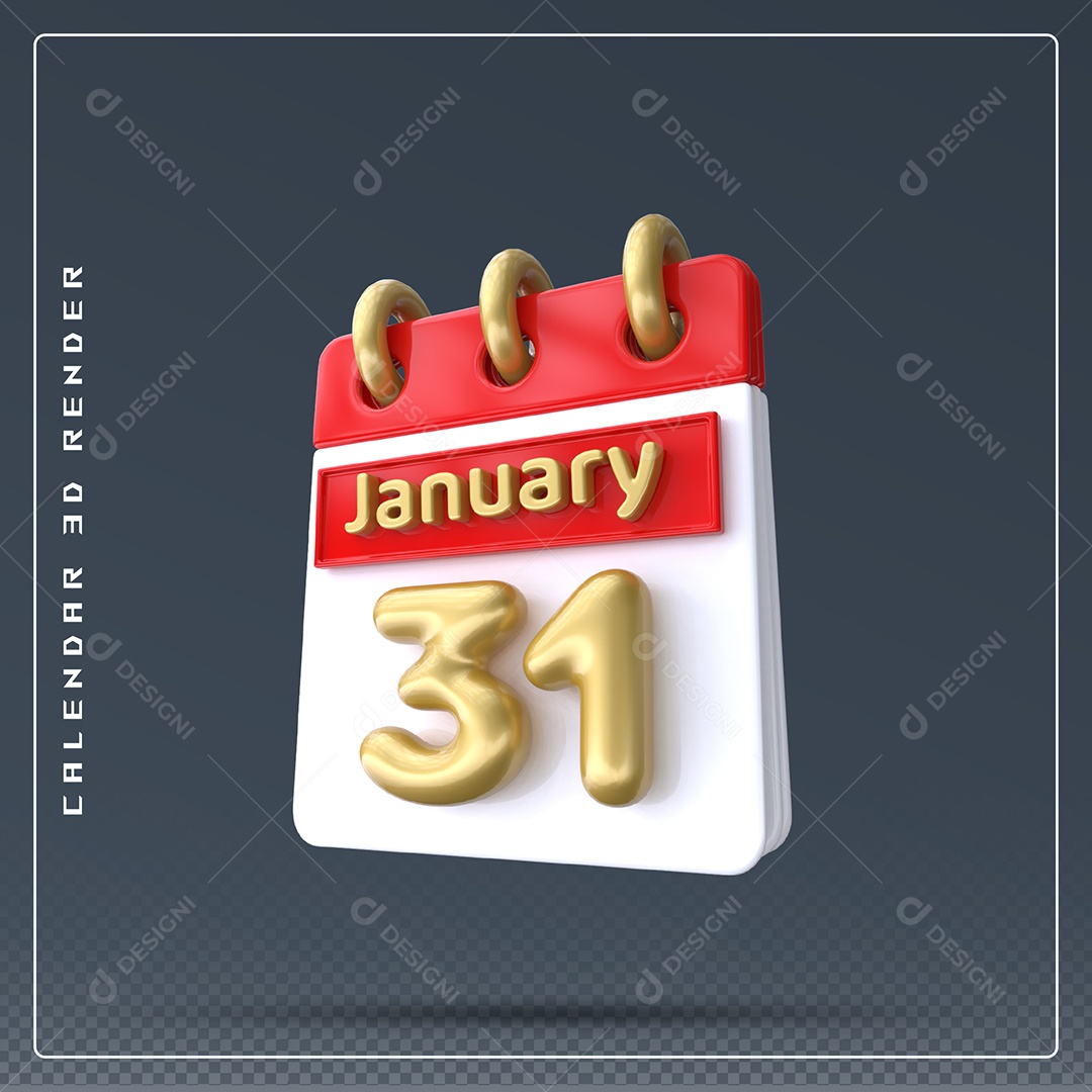 Calendário Do mês Janeiro Dia 31 Elemento 3D Vermelho Dourado E Branco Para Composição PSD
