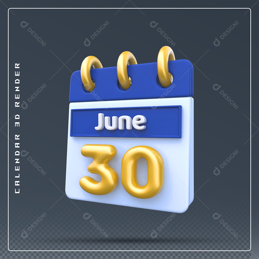 Calendário Do mês Junho Dia 30 Elemento 3D Azul Dourado E Branco Para Composição PSD