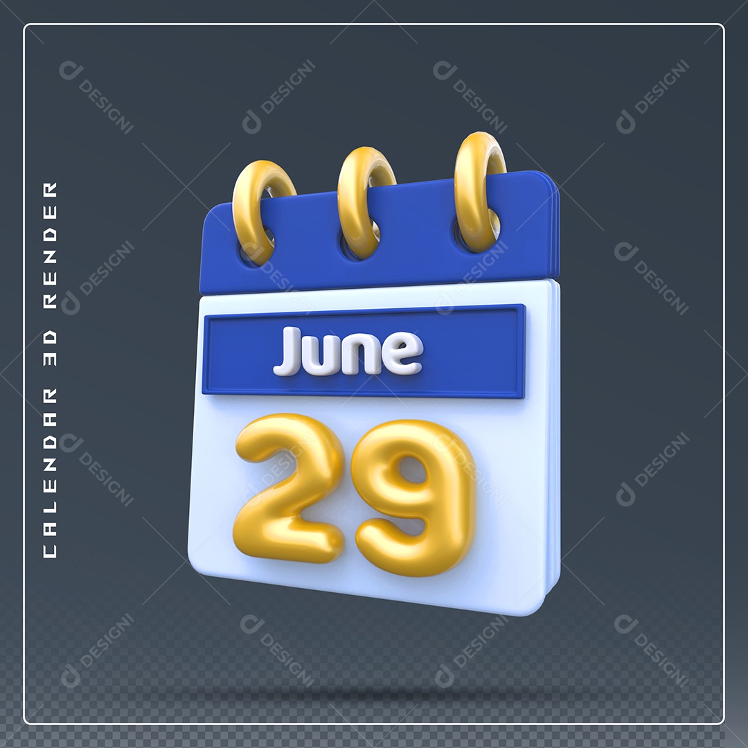 Calendário Do mês Junho Dia 29 Elemento 3D Azul Dourado E Branco Para Composição PSD