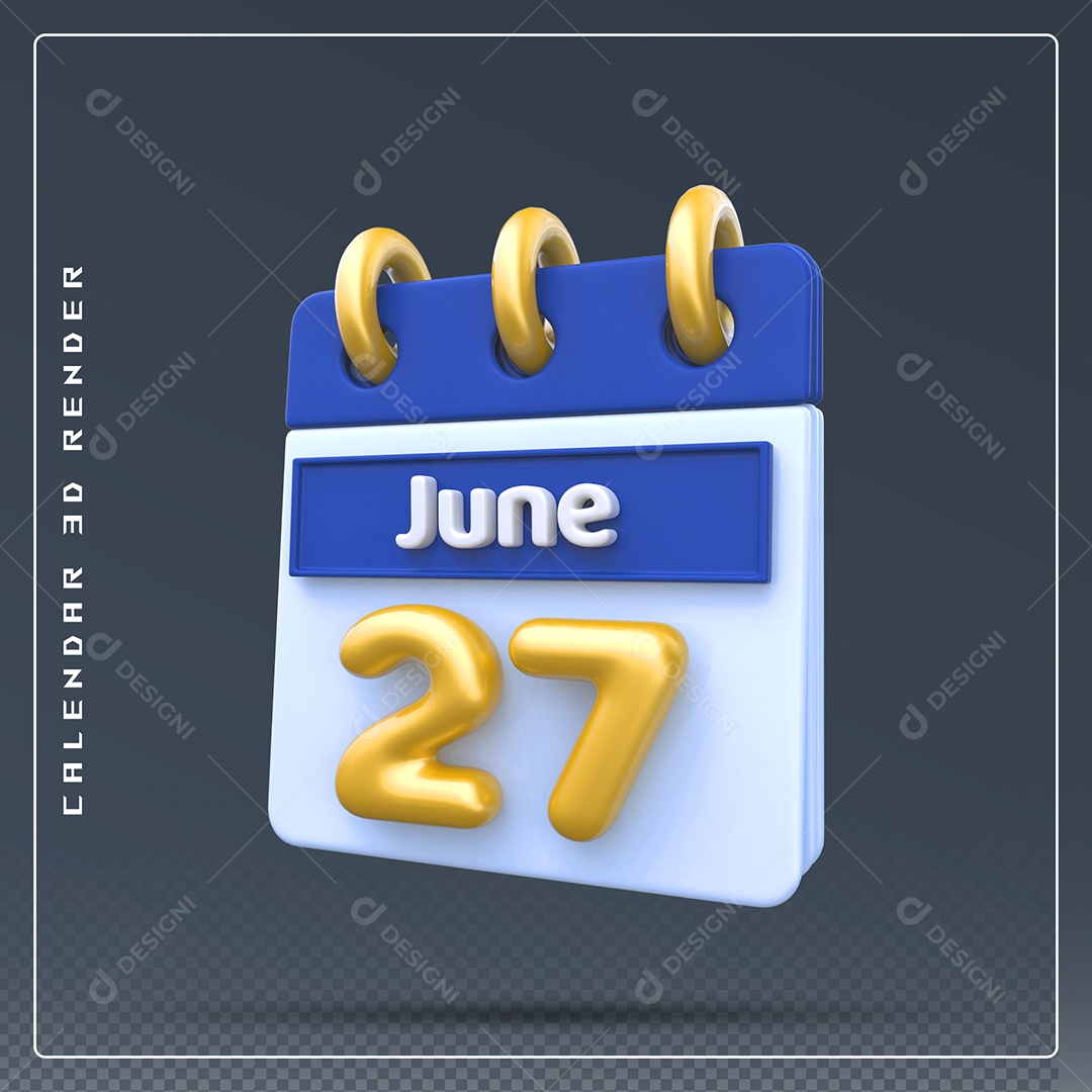 Calendário Do mês Junho Dia 27 Elemento 3D Azul Dourado E Branco Para Composição PSD