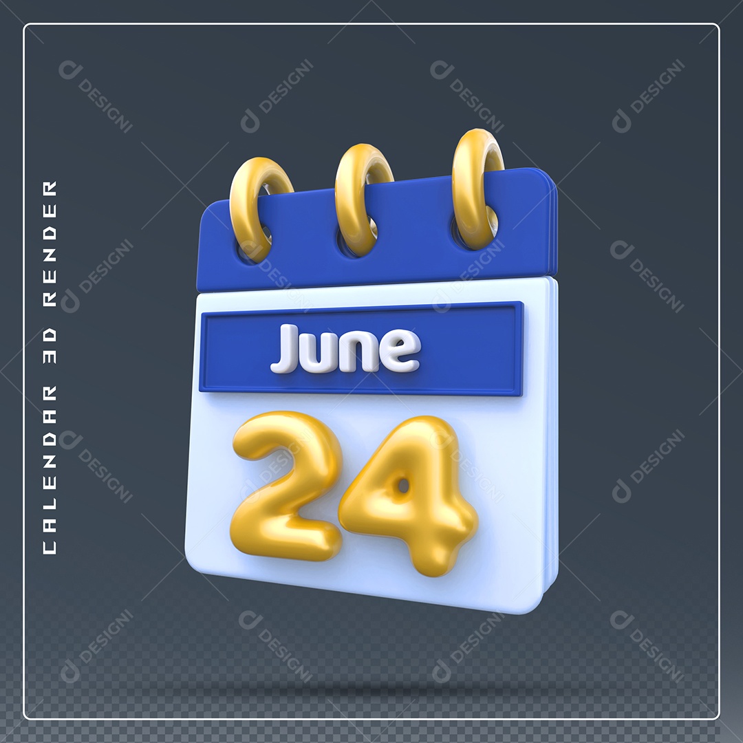 Calendário Do mês Junho Dia 24 Elemento 3D Azul Dourado E Branco Para Composição PSD