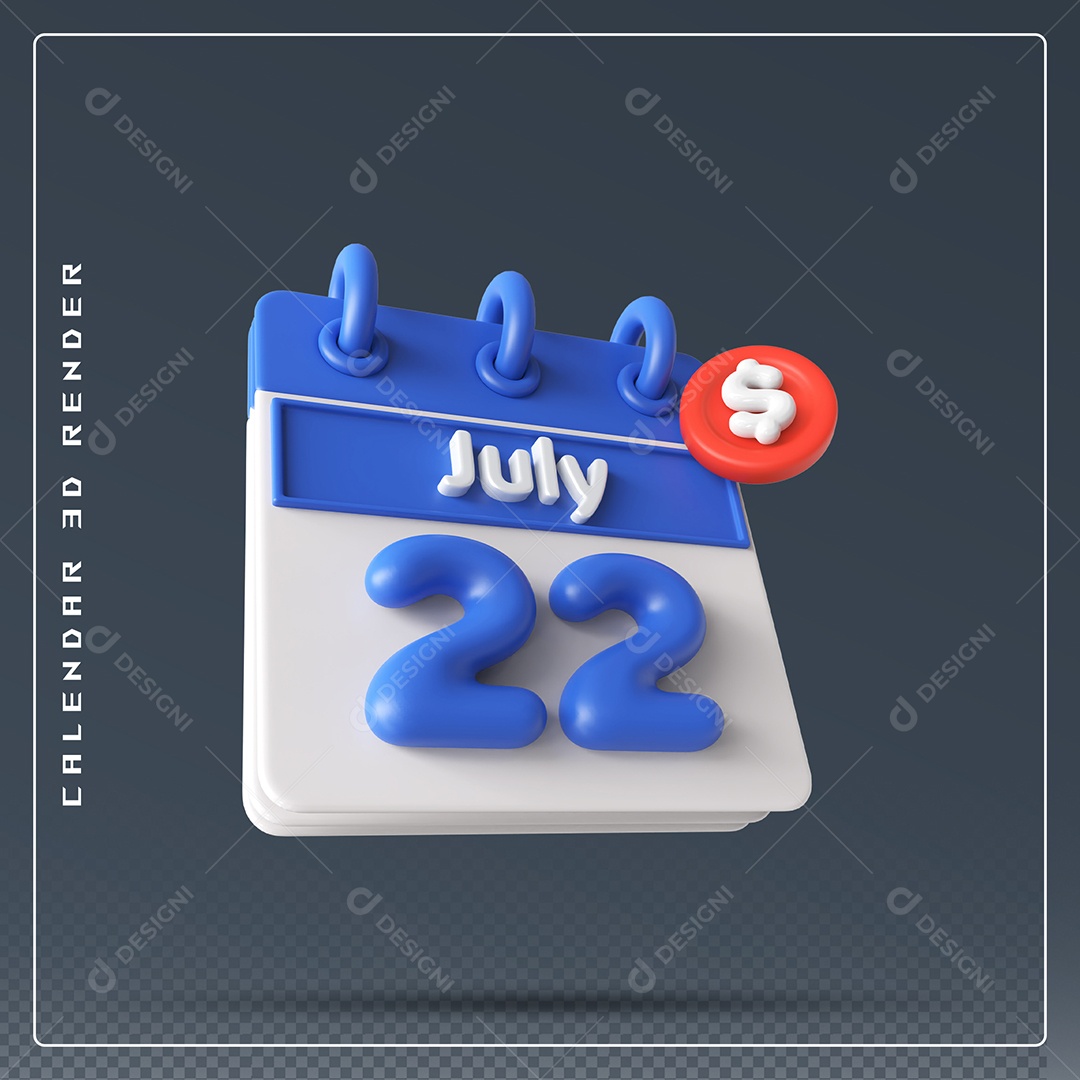 Calendário Do mês Julho Dia 22 Elemento 3D Azul E Branco Para Composição PSD