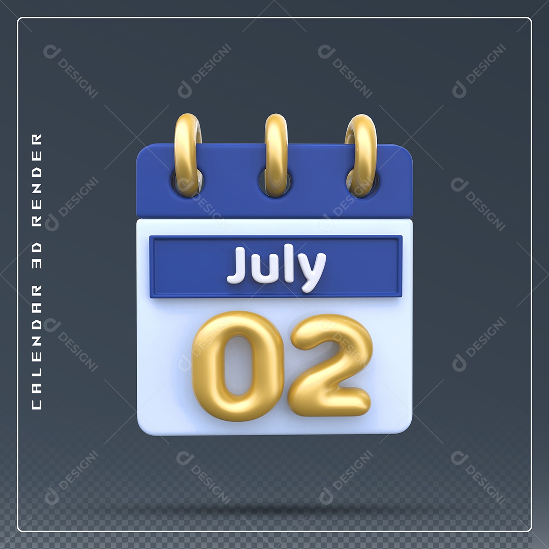 Calendário Do mês Julho Dia 02 Elemento 3D Azul Dourado E Branco Para Composição PSD