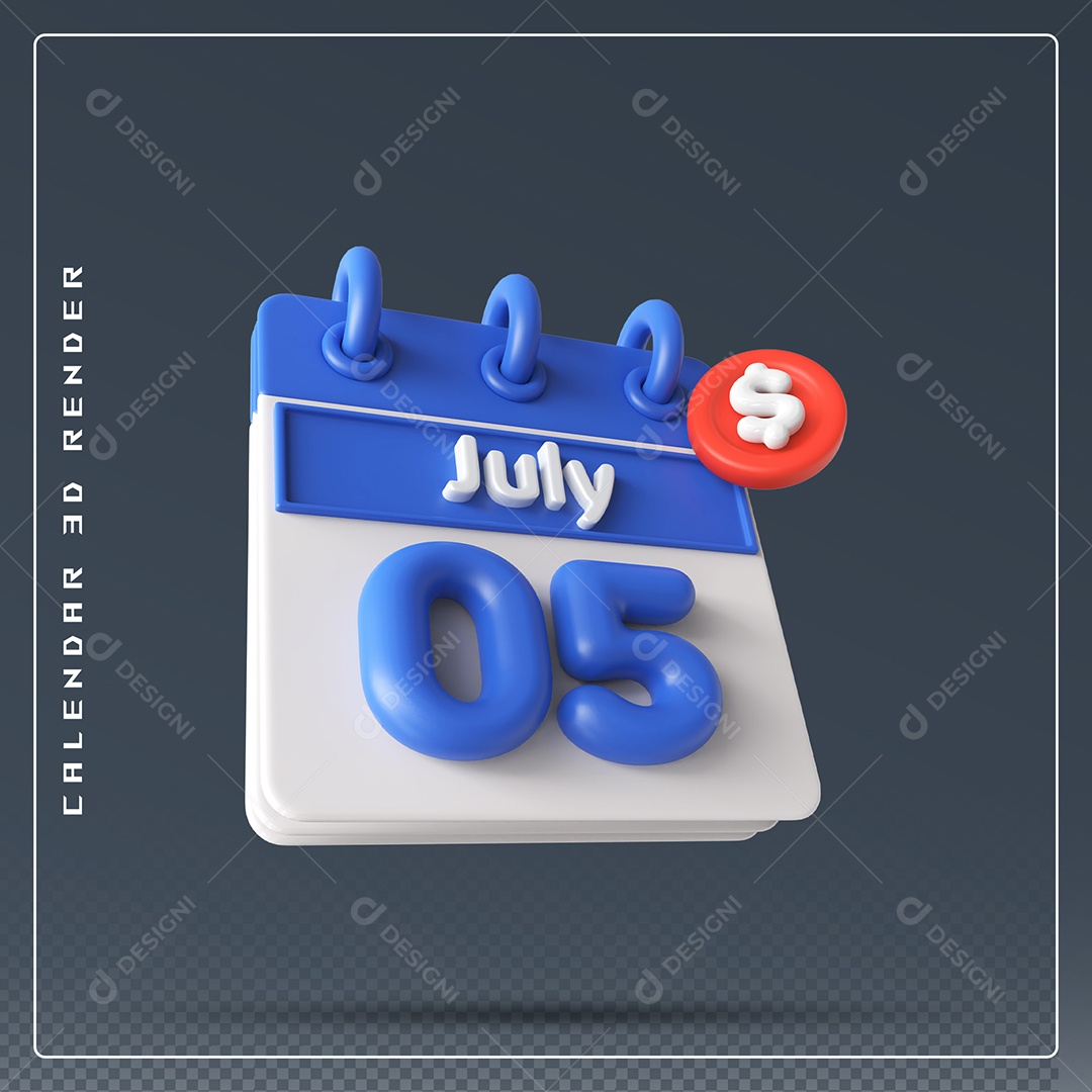 Calendário Do mês Julho Dia 05 Elemento 3D Azul E Branco Para Composição PSD