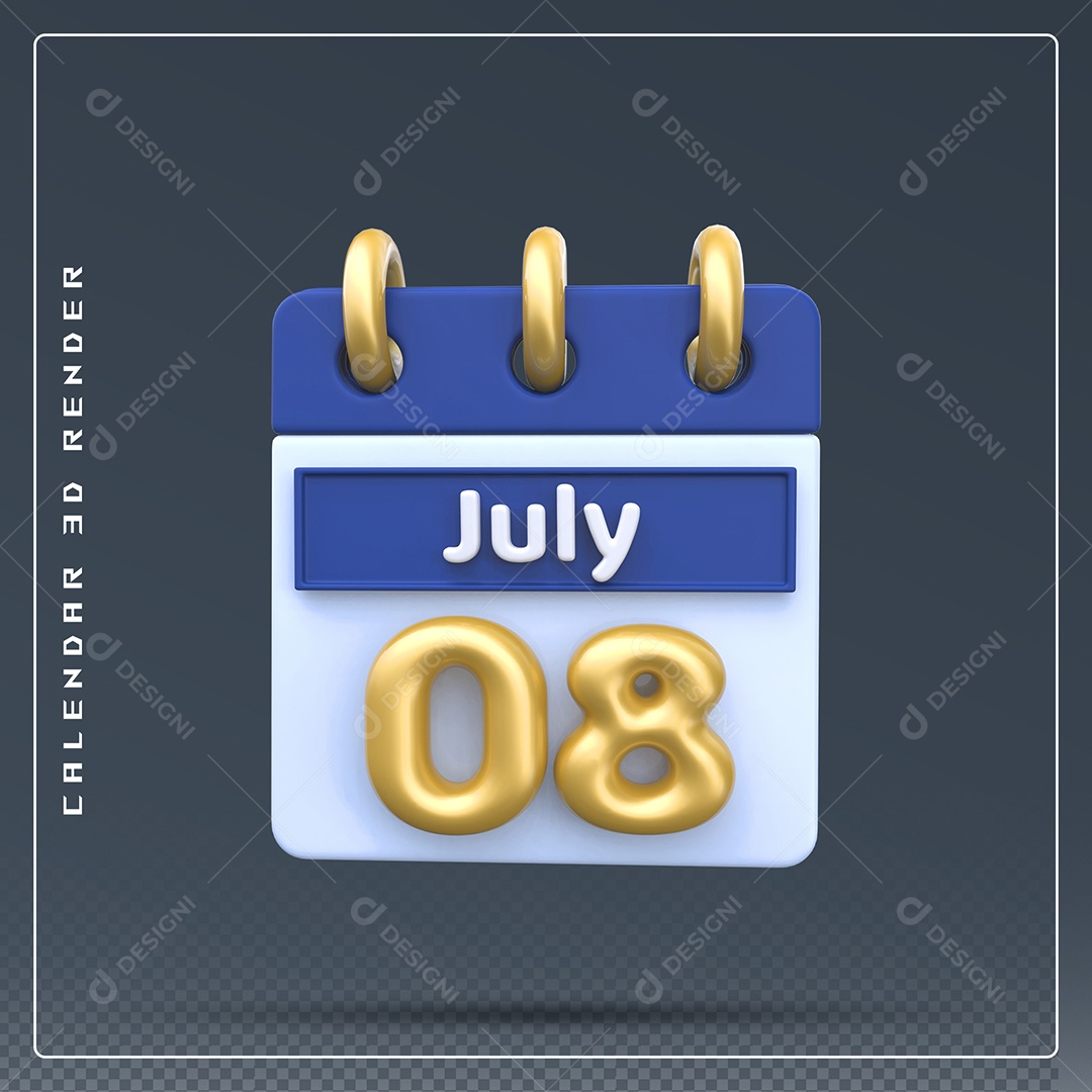 Calendário Do mês Julho Dia 08 Elemento 3D Azul Dourado E Branco Para Composição PSD