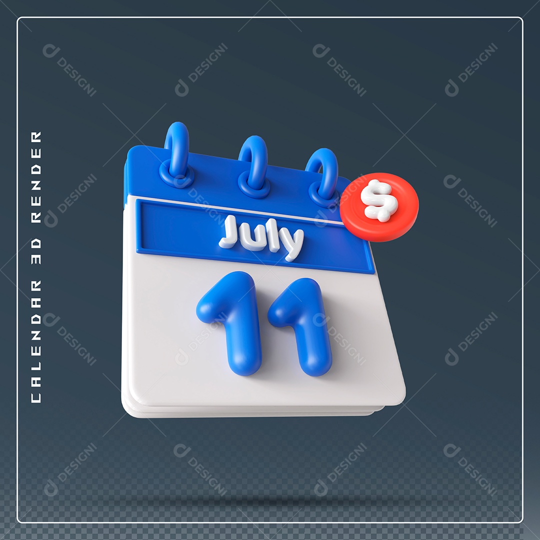 Calendário Do mês Julho Dia 11 Elemento 3D Azul E Branco Para Composição PSD