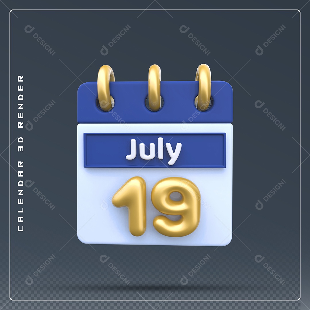 Calendário Do mês Julho Dia 19 Elemento 3D Azul Dourado E Branco Para Composição PSD