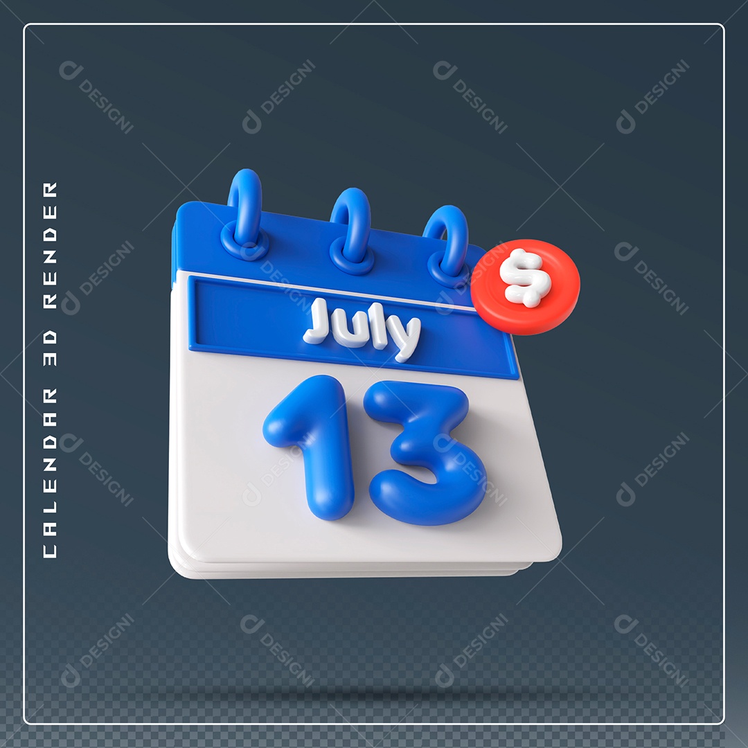 Calendário Do mês Julho Dia 13 Elemento 3D Azul E Branco Para Composição PSD