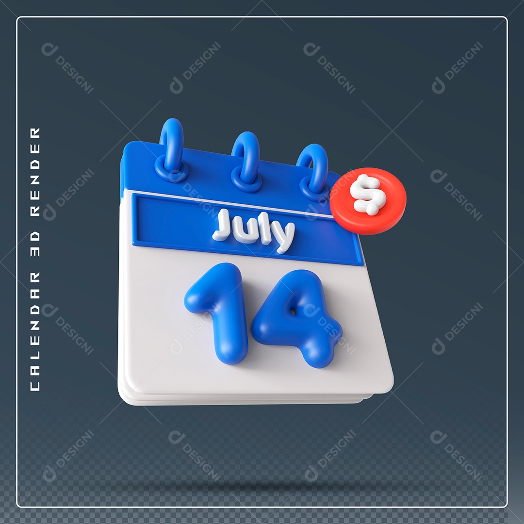 Calendário Do mês Julho Dia 14 Elemento 3D Azul E Branco Para Composição PSD