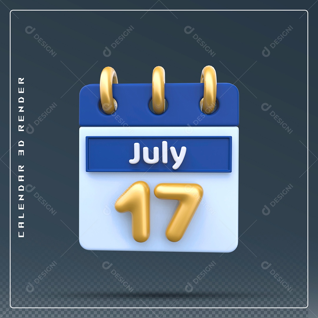 Calendário Do mês Julho Dia 17 Elemento 3D Azul Dourado  E Branco Para Composição PSD