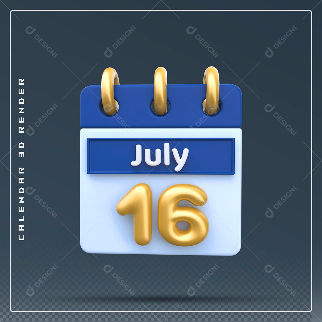 Calendário Do mês Julho Dia 16 Elemento 3D Azul Dourado E Branco Para Composição PSD