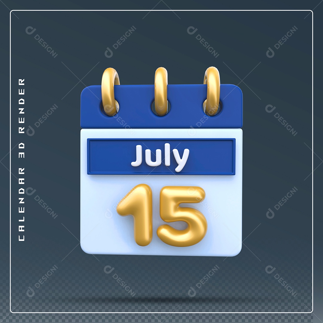 Calendário Do mês Julho Dia 15 Elemento 3D Azul Dourado E Branco Para Composição PSD