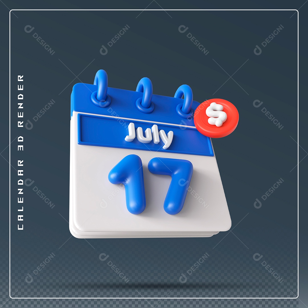 Calendário Do mês Julho Dia 17 Elemento 3D Azul E Branco Para Composição PSD