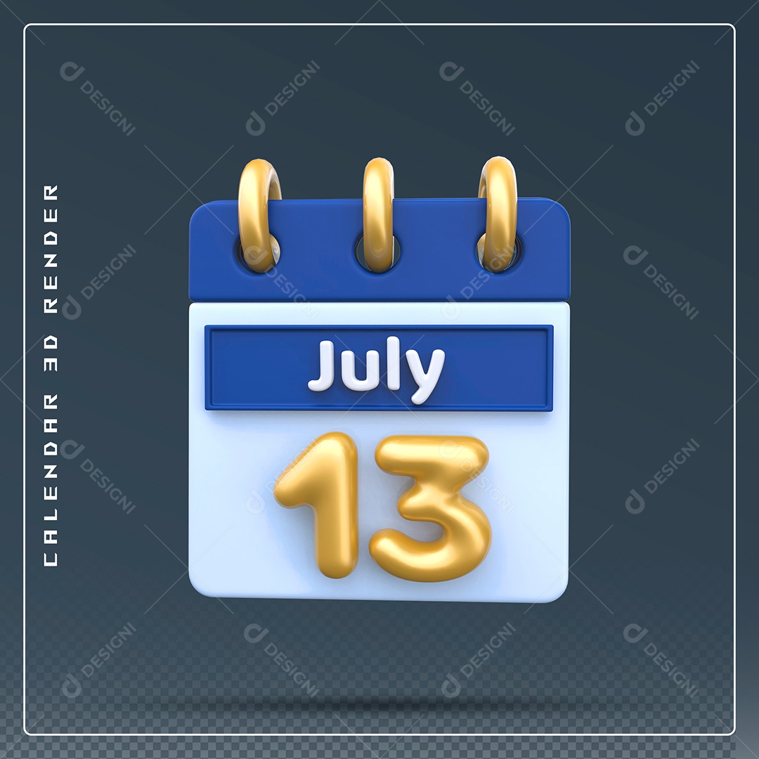 Calendário Do mês Julho Dia 13 Elemento 3D Azul Dourado E Branco Para Composição PSD