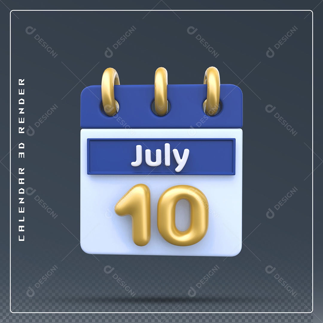 Calendário Do mês Julho Dia 10 Elemento 3D Azul Dourado E Branco Para Composição PSD