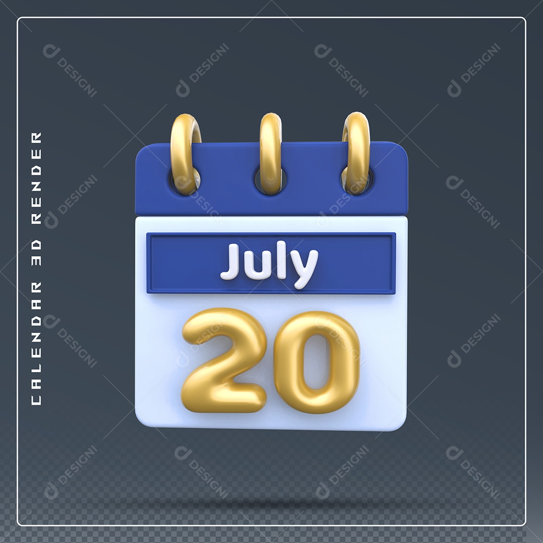 Calendário Do mês Julho Dia 20 Elemento 3D Azul Dourado E Branco Para Composição PSD