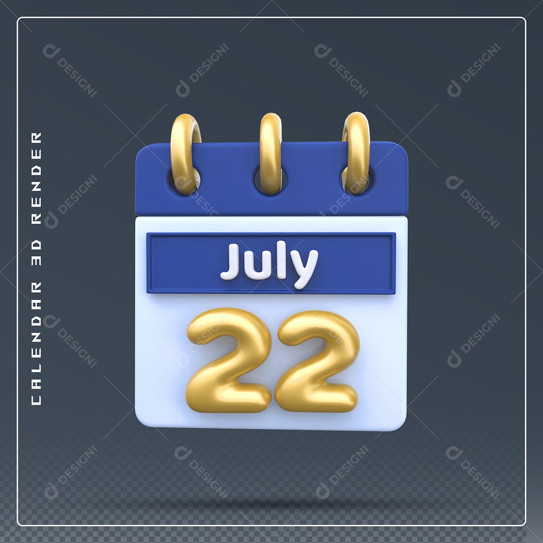 Calendário Do mês Julho Dia 22 Elemento 3D Azul Gourado E Branco Para Composição PSD