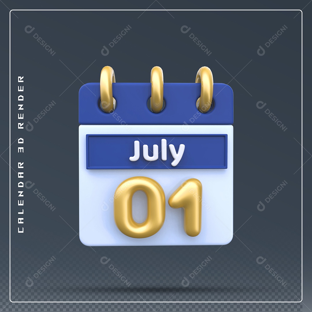 Calendário Do mês Julho Dia 01 Elemento 3D Azul Dourado E Branco Para Composição PSD