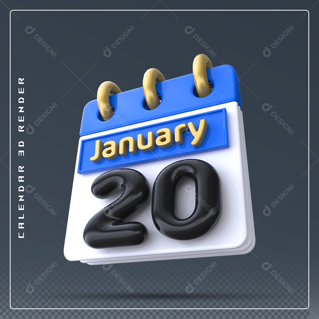Calendário Do mês Janeiro Dia 20 Elemento 3D Azul Dourado E Branco Preto Para Composição PSD