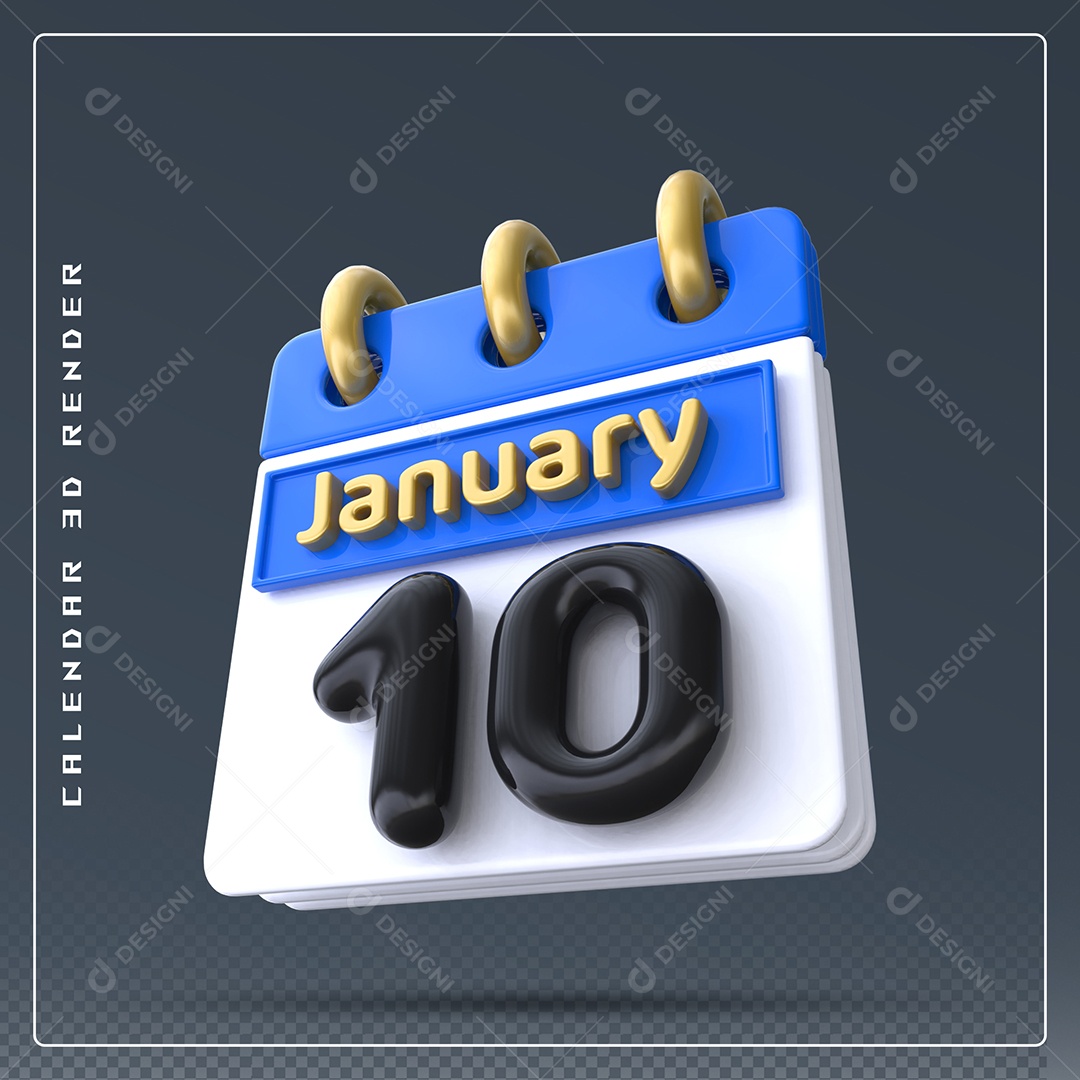 Calendário Do mês Janeiro Dia 10 Elemento 3D Azul Dourado E Branco Preto Para Composição PSD