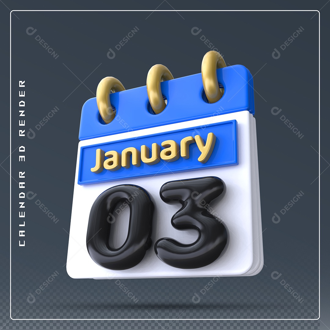 Calendário Do mês Janeiro Dia 03 Elemento 3D Azul Dourado E Branco Preto Para Composição PSD