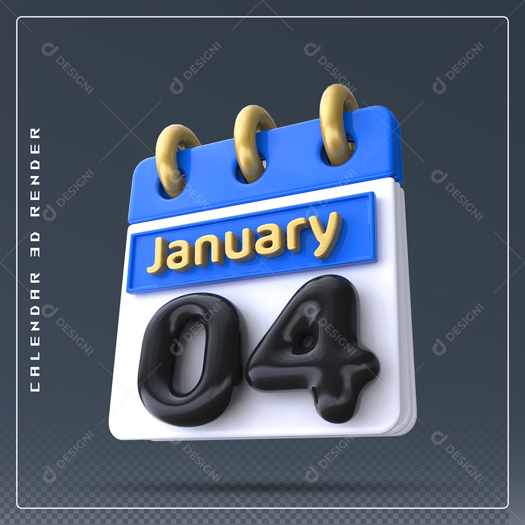 Calendário Do mês Janeiro Dia 04 Elemento 3D Azul Dourado E Branco Preto Para Composição PSD
