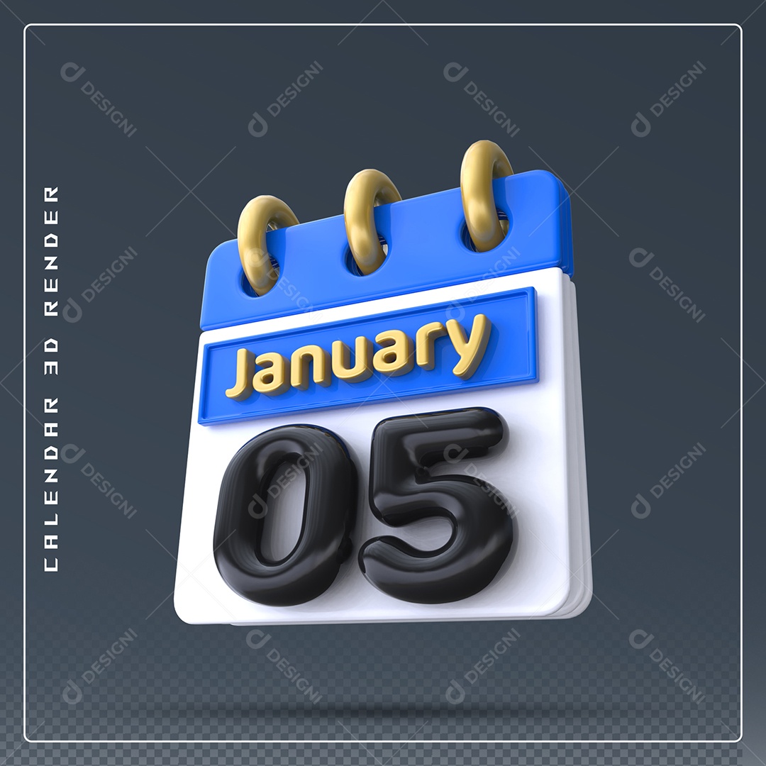 Calendário Do mês Janeiro Dia 05 Elemento 3D Azul Dourado E Branco Preto Para Composição PSD