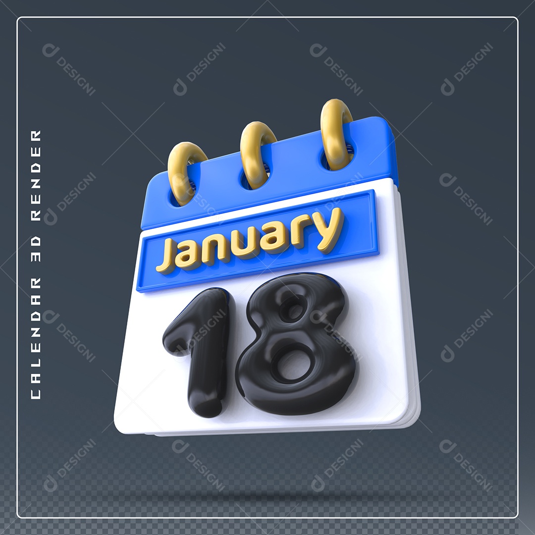 Calendário Do mês Janeiro Dia 18 Elemento 3D Azul Dourado E Branco Preto Para Composição PSD